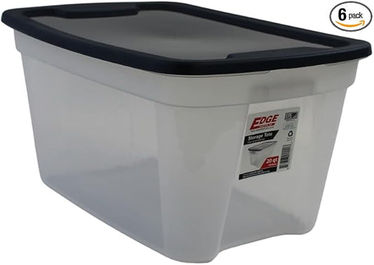 Edge Plastics Classic Storage Tote, durable storage in for home or garage with secure snap lid designed for stacking (6, Clear with Ink Lid, 5 Gallon)