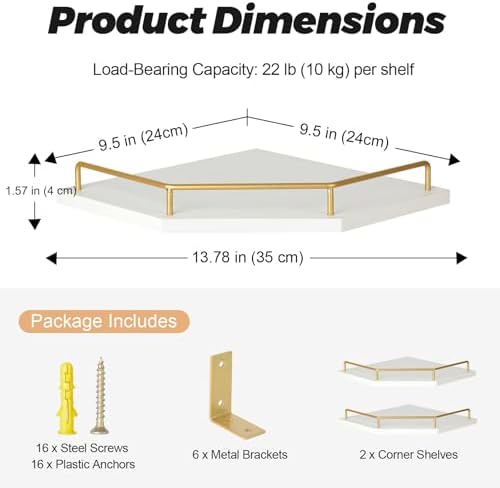 Tirzah White Wall Mount Corner Shelf with Gold Metal Guardrail, 2-Tier 9.5-inch Diamond-Shaped Wood Corner Floating Shel