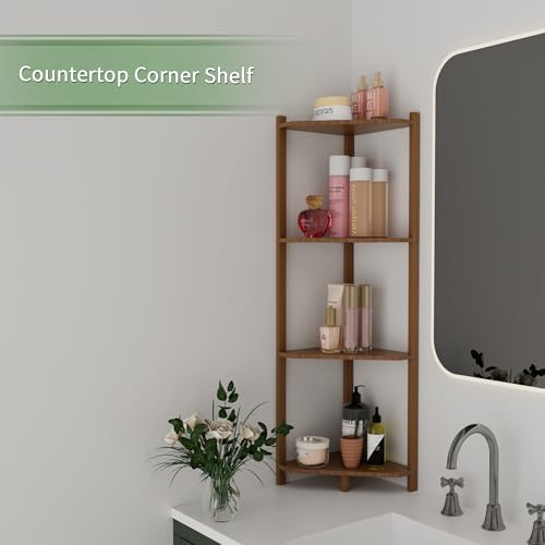 Wisuce Bamboo Small Corner Shelf Stand, 4-Tier Brown Corner Bookshelf