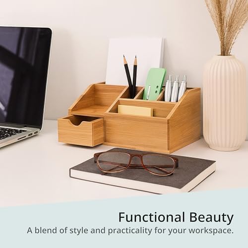 FLYGRUBS Thingles Bamboo Desk Organizer, Wood Pen Holder with Drawer, Storage Box, Pencil Box, Desk Tray for Office, Home Office - Wood Desk Organizer