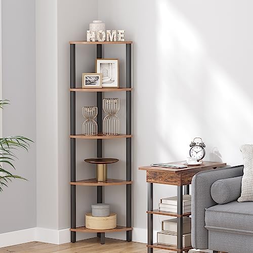 VIMBER Corner Shelf, 5-Tier Corner Bookshelf, Industrial Corner Ladder Shelf, Rustic Display Shelf for Living Room, Bedr