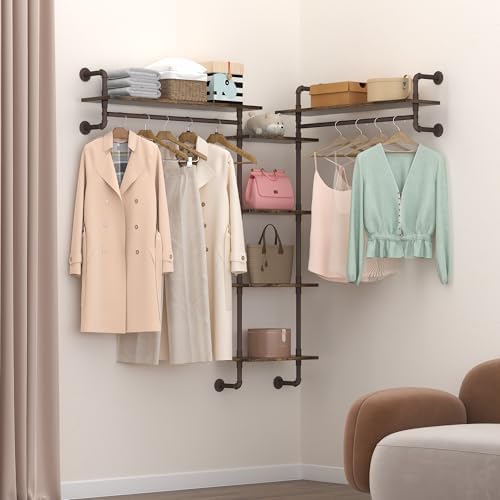 Helsin 5-Tiers 74inch Large Rustic Industrial Pipe Floating Shelving, Wall Mounted Heavy Duty Clothes Rack with Double H