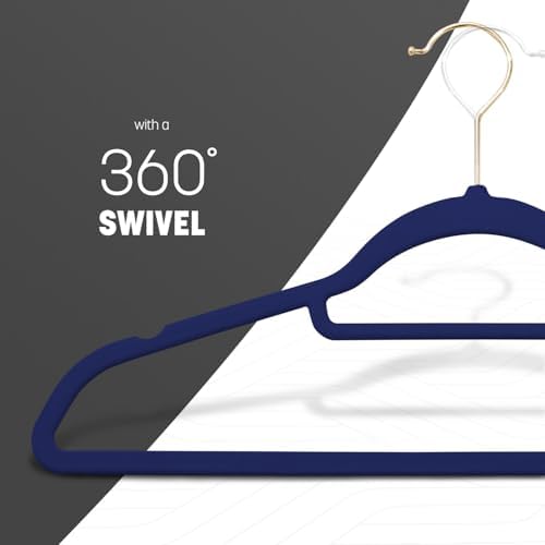 KEPLIN Velvet Hangers 50 Pack (41.5cm) - Non-Slip Clothes Coat Hangers with Tie Bar and 360 Degree Hook for Home Storage Durable, Sturdy & Space Saving Wardrobe (Navy Blue, 50 Pack)