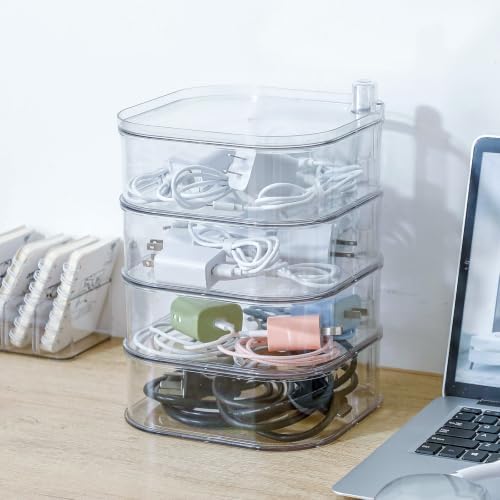 Large Charger Cable Storage Box with Lid, 4-Tiers, Clear