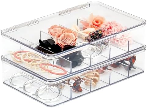 mDesign Plastic Divided Stackable Hair, Makeup & Jewelry Organizer Box with Hinge Lid for Bathroom Vanity Countertop - 5