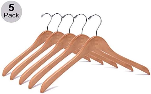 Quality Wooden Curved Coat and Suit Hangers - Smooth Solid Wood Pants Hangers With Swivel Hook for Coats, Jackets (Natural, 5)