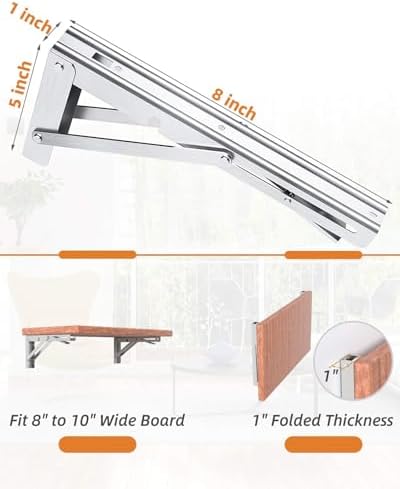 8-Inch Foldable Brackets for DIY Folding Shelves or Tables, L Shelf Brackets Collapsible, Heavy Duty Stainless Steel, Ma