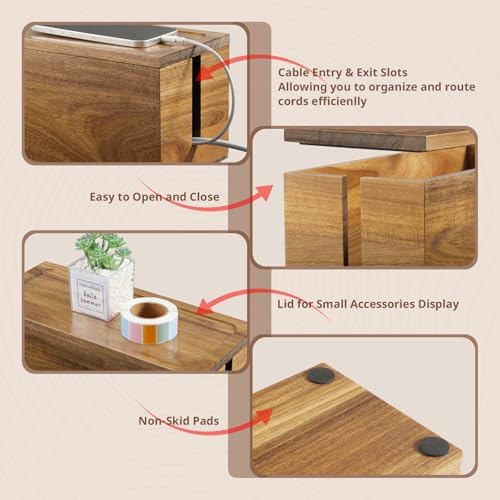Acacia Wood Cable Management Box - Cable Organizer Box - 2 Open Slots Cords Hider Box - Under Desk Cord Organizer for Po
