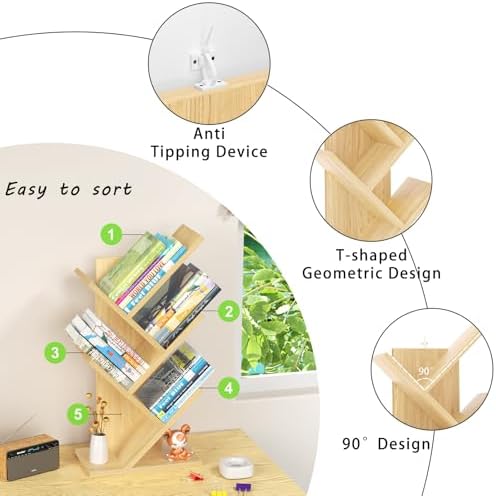 SHEEPAM Small Tree Book Shelf,5 Tier Bookshelf, Wood Desktop Bookcase