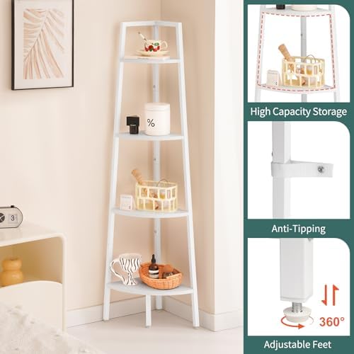 Yoobure Corner Shelf, 4-Tier Corner Bookshelf with Metal Frame & Wood Ladder Shelves - Display Shelf & Tall Bookcase, Pl