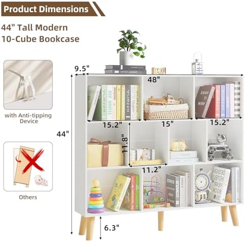 LEYAOYAO 10 Cube Bookshelf, Mid-Century Modern Book Shelf with Legs, White