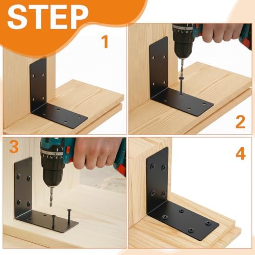 ZENFUN 20Pcs 4x4x2 Inch Heavy Duty Corner Brackets, Black L Brackets for Wood Shelves, 2mm 90 Degree Right Angle Bracket