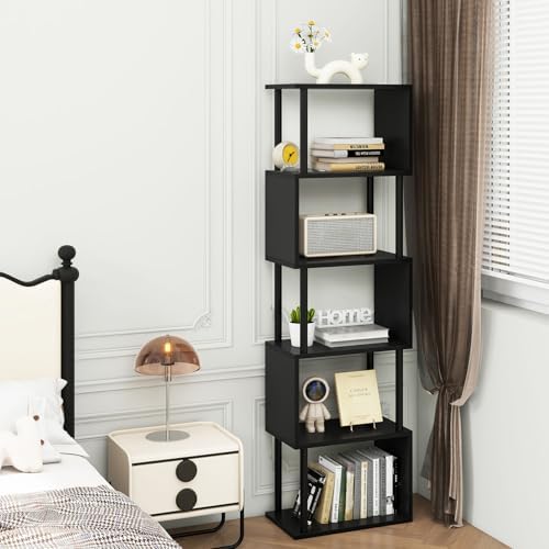 IBUYKE 6-Tier Tall Bookshelf,S-Shaped Geometric Bookcase,Black WBC016B