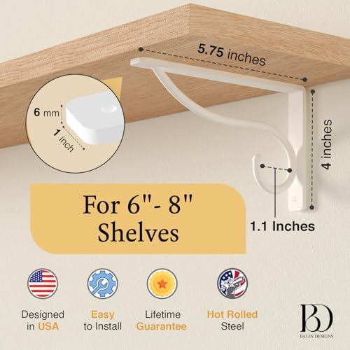 Closet Rod Bracket, 6 Inch Hook Shelf Brackets Heavy Duty Wall Mounted, Black Closet Rod Support Brackets for Curtains, 