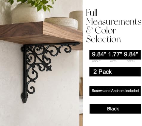 NACH Decorative Shelf Brackets, 2 Pack of 10.6 x 2 x 10.6 inch, Black Cast Iron Wall Shelf Brackets - Decorative Bookshe