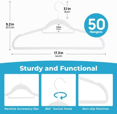 Fontaines Luxury White Velvet Felt Non Slip Clothes Hangers 50 Pack - Ultra Slim & Space Saving - Heavy Duty Swivel Hook for Clothing, Suit, Top, Tie, Shirt, Skirt & Pant Organization