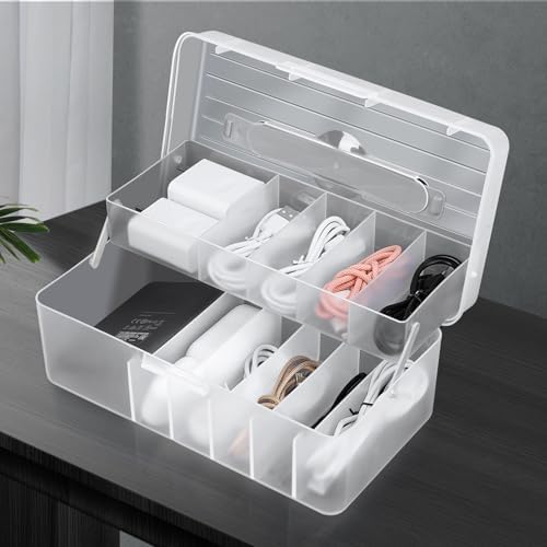 FYY Cord Storage Organizer Box - 11 Compartment Frosted Clear Cable Storage Organizer With Lid, High Capacity Dustproof 