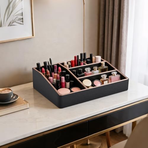 PU Leather Makeup Organizer Tray,Large Vanity Organizer,Cosmetic Storage Box for Lipstick Brushes Skincare Perfume,Cosme