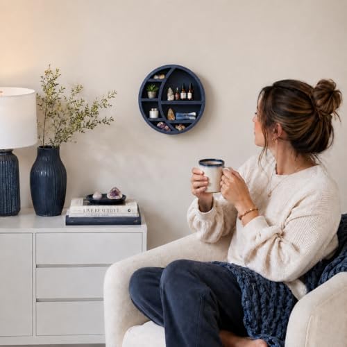 Wooden Crescent Moon Shelf Wall Decor — Aesthetic Floating Crystal Display Holder & Hanging Wall Organizer for Bedroom, 