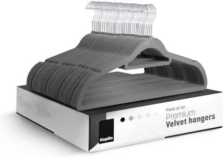 KEPLIN Grey Velvet Hangers 50 Pack - 18 inch, Thin Non Slip Hangers with Tie Bar and 360° Degree Hook for Home Storage – Sturdy & Space Saving Wardrobe Organizers for T-Shirts, Suits and Coats