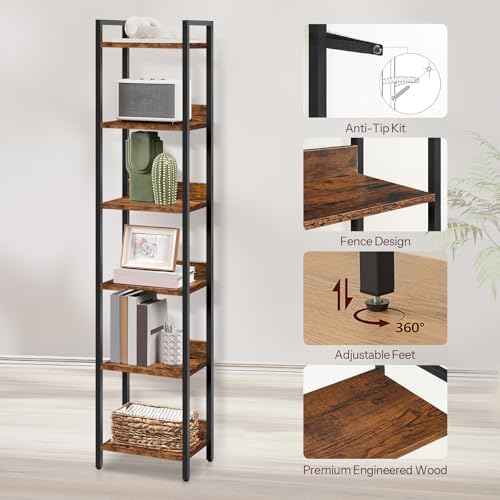 MAHANCRIS Bookshelf, 6-Tier Bookcase, Standing Book Shelf for Small Space, Storage Shelf Organizer, for Living Room, Bed