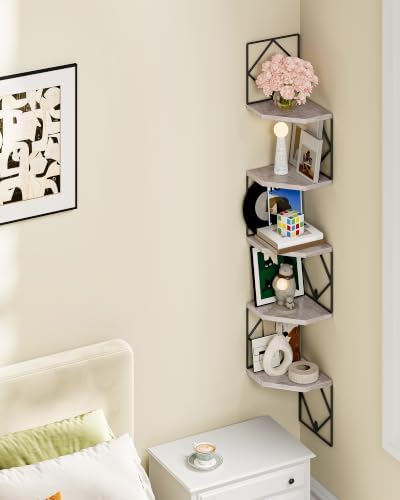 CHOEZON 5-Tier Corner Shelf, Floating Shelf, Wall-Mounted Storage Shelf, Wall Decor, Narrow Corner Bookshelf, for Living