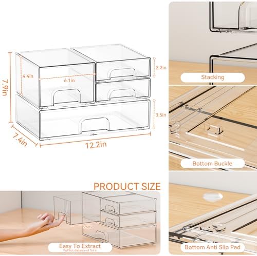 Yieach 4 Pack Clear Stackable Storage Drawers,Acrylic Drawer Organizer for Medicine,Palettes,Hair Accessories and Makeup