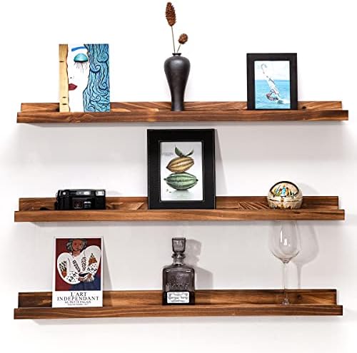 MBYD 48 Inch Picture Ledge Shelf Set of 3, Wall Mount Carbonized Burnt Black Floating Wall Shelves Photo Ledge Natutal P