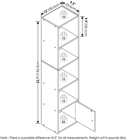 Furinno LUDER Book Shelf, 5-Tier Modern Bookshelf, Bookcase with 1 Door Storage Cabinet, 9.3 x 12 x 52, for Organization