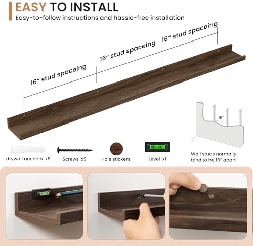 Dreamland Picture Ledge Shelf for Wall, Floating Shelves Set of 2,55 inch Long Floating Shelves with Lip for Living Room,Bedroom,Bathroom,Kitchen,Walnut