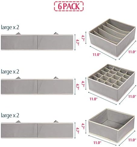 DIOMMELL Set of 6 Foldable Cloth Storage Box Closet Dresser Drawer Organizer Fabric Baskets Bins Containers Divider for Clothes Underwear Bras Socks Lingerie Clothing, Grey 22-2000