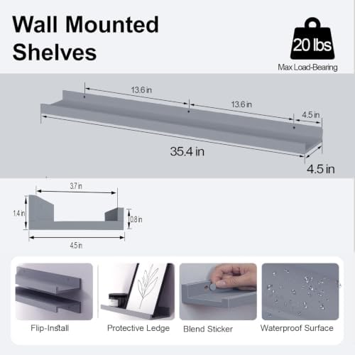 Grey Floating Shelves for Wall Decor, 36 in Shelf with Lip Set of 2