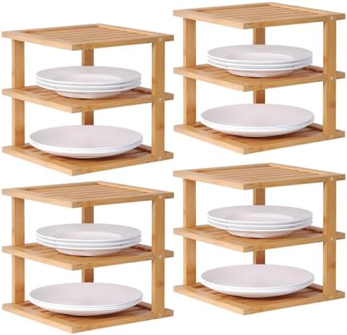 4 Pack Bamboo Corner Shelf,3 Tier Kitchen Cabinet Organizer for Plates and Dishes,Pantry Storage and Spice Rack（Natural）