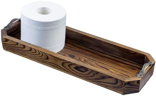 MyGift Wooden Vanity Tray, Rustic Burnt Solid Wood Toilet Tank Tray - Decorative Octagonal Cosmetic Organizer with Antiq