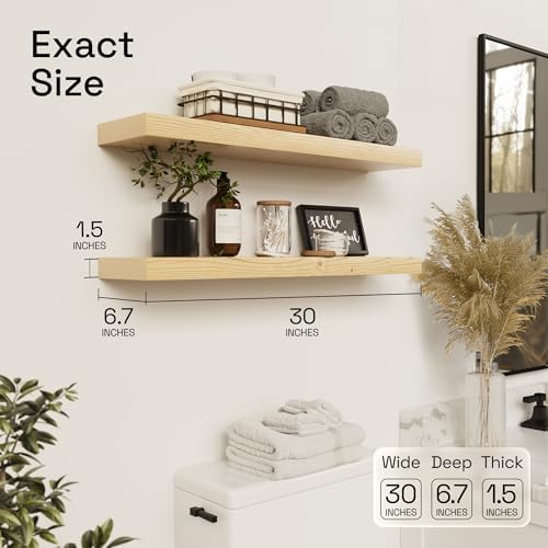 Solid Wood Floating Shelves for Wall 30 Inches Long, Natural Wood Shelf