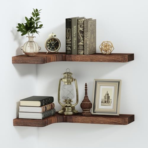 SAUMONIERES Corner Floating Shelves 24 Inch Wall Mount Shelf Solid Wood for Bedroom Bathroom Kitchen Storage Set of 2, R