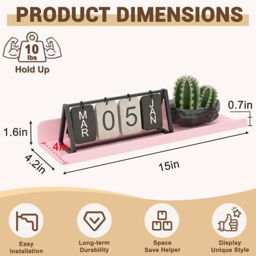 Qukaka 15" Floating Shelves for Wall, 3 Pack Pink Display Ledges