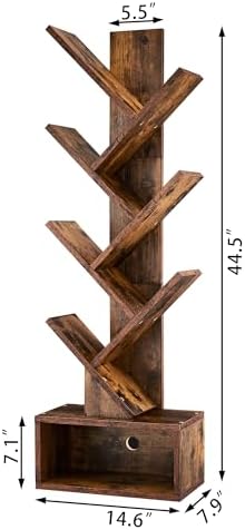 Hoctieon 6 Tier Tree Bookshelf, Tall Bookcase with Drawer, Freestanding Book Shelf, Display Floor Standing Storage Shelf
