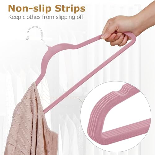 SUPER DEAL Velvet Hangers 100 Pack, Premium Clothes Hanger Slim Non-Slip Notched for Suit Coat Pants Dress, 360 Degree Swivel Space Saving Heavy Duty for Closet, Pink