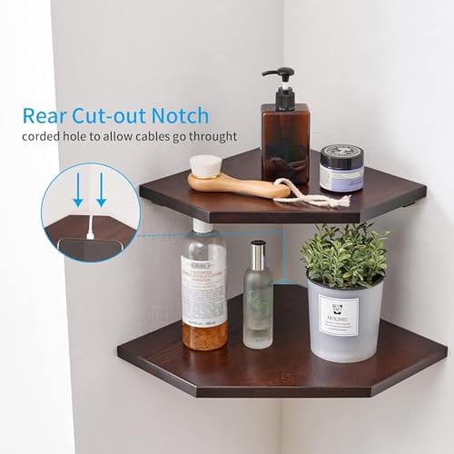Corner Wall Shelves Set 2 Wire Hole Solid Oak Wood Display Shelf ,Walnut