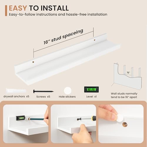 Dreamland Picture Ledge Shelf for Wall, Floating Shelves Set of 2, 24 Inch Long Floating Shelves with Lip for Living Room, Bedroom, Bathroom, Kitchen, White