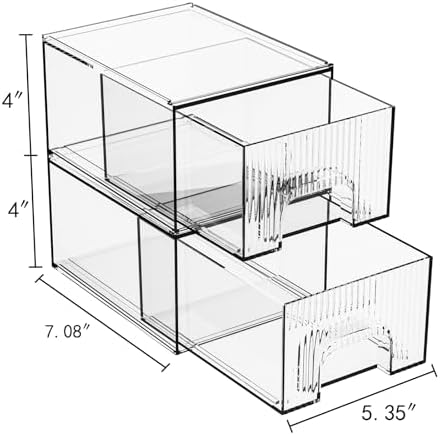 ZHIAI 2 Pack Clear Stackable Cosmetic Organizer, Acrylic Drawer, Plastic Organizer for Dresser, Vanity, Kitchen Cabinet,