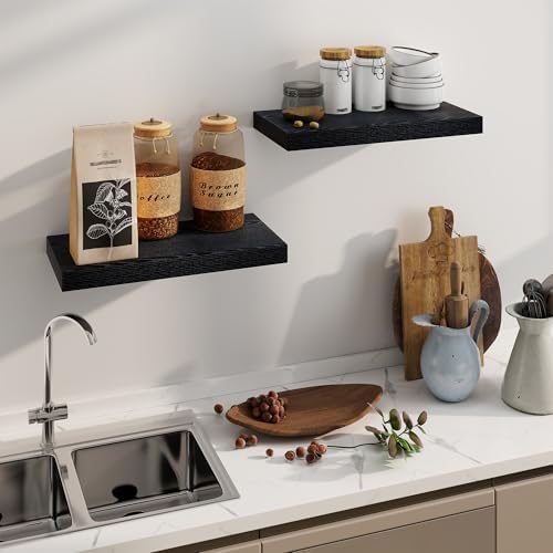 Fun Memories Rustic Black Floating Shelves 24 Inch Long, 8 Inch Deep Floating Shelf, 24 x 8 Wall Shelves Set of 2, Deep 