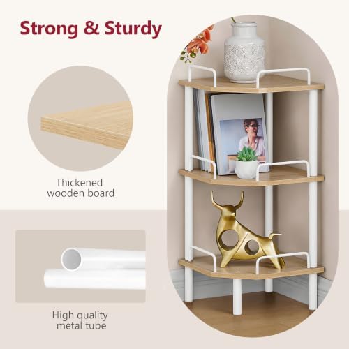 Tajsoon 3 Tier Corner Shelf Stand, Small Corner Table, Natural & White