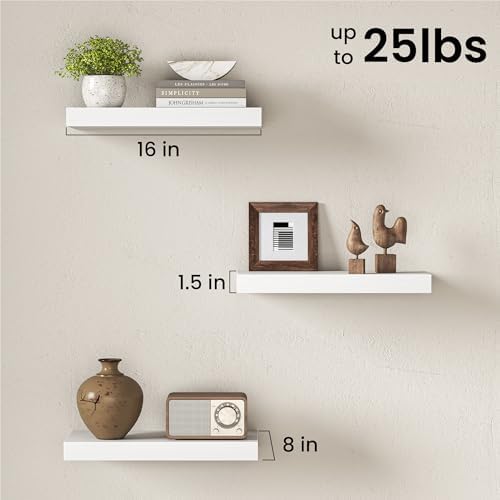 16" Floating Shelves for Wall, Set of 3, 8" Deep, 1.5" Thick, White