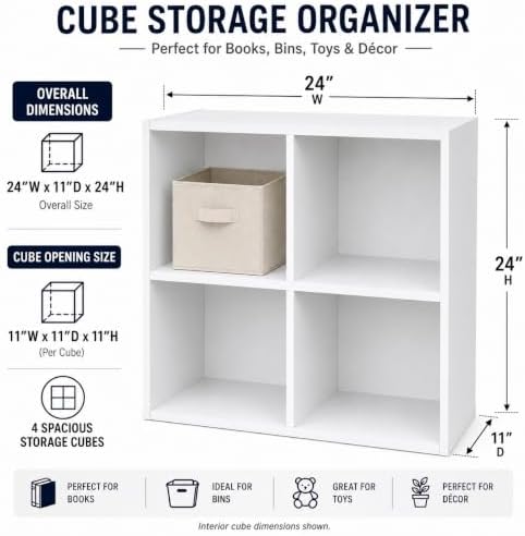Kings Brand Furniture White Wood 4 Cube Organizer Storage Bookcase