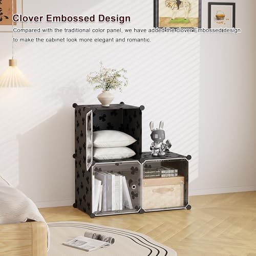 C&AHOME Clover Embossed Storage Organizer with Doors 3-Cube Shelf Black