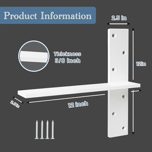 Free Hanging Countertop Support Bracket 12" Lx2.5 W 3 Pack White Heavy Duty Hidden Floating Wall Shelf Bracket 3/8" Thic
