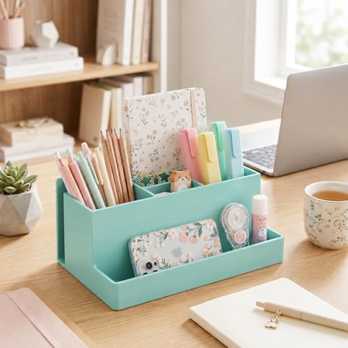 Acrimet Desktop Organizer - Multi Organizer Caddy Holder for Office, Home and School use (Plastic) (Solid Green Color)