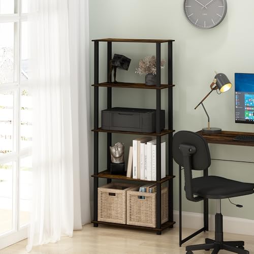 Furinno Turn-S-Tube 5-Tier Multipurpose Shelf Display Rack with Square Tubes, Amber Pine/Black
